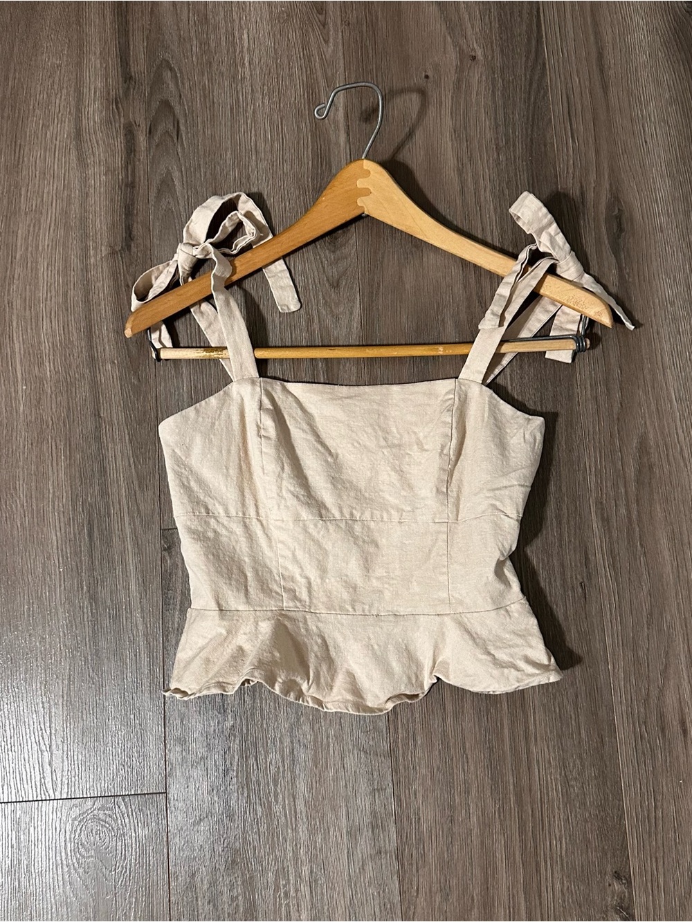 Gianni Bini Linen Blend Cream Tie-Shoulder Peplum Top